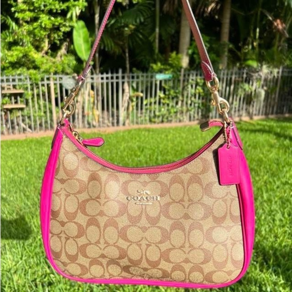 Coach Signature Teri Hobo Tan and Pink Shoulder Bag